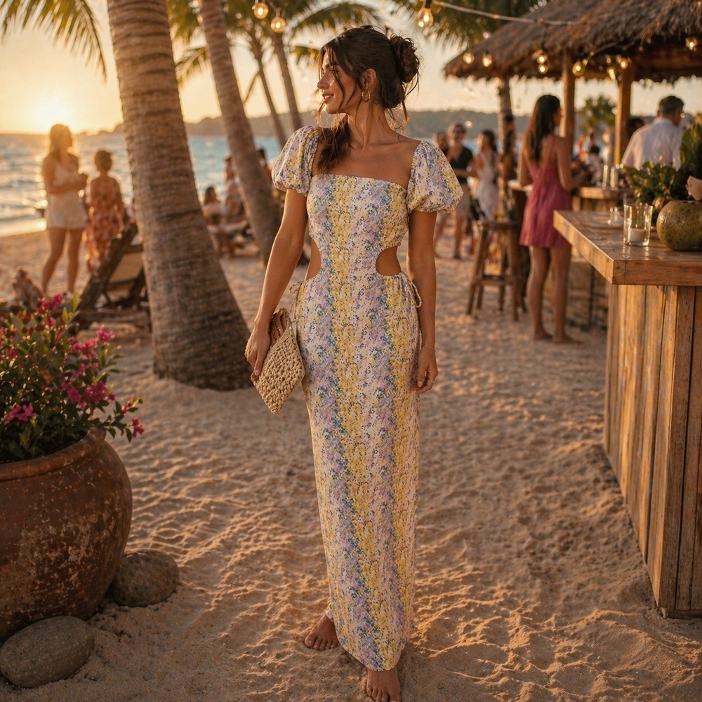 LaPorte Floral Cutout Maxi Dress Yellow Purple Puff Sleeve Pearl Detail XL